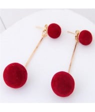 Fluffy Ball Shape Elegant Korean Fashion Stud Earrings - Wine Red
