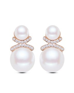 Delicate Rhinestone Embellished Dual Pearls Graceful Fashion Stud Earrings - Golden
