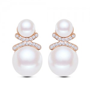 Delicate Rhinestone Embellished Dual Pearls Graceful Fashion Stud Earrings - Golden