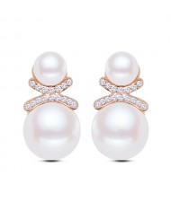 Delicate Rhinestone Embellished Dual Pearls Graceful Fashion Stud Earrings - Golden