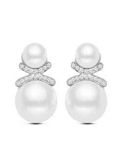 Delicate Rhinestone Embellished Dual Pearls Graceful Fashion Stud Earrings - Silver
