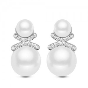 Delicate Rhinestone Embellished Dual Pearls Graceful Fashion Stud Earrings - Silver