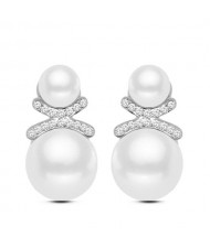 Delicate Rhinestone Embellished Dual Pearls Graceful Fashion Stud Earrings - Silver