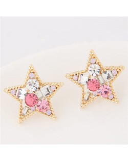 Assorted Shapes Czech Rhinestone Inlaid Shining Lucky Star Fashion Stud Earrings - Golden