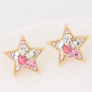 Assorted Shapes Czech Rhinestone Inlaid Shining Lucky Star Fashion Stud Earrings - Golden