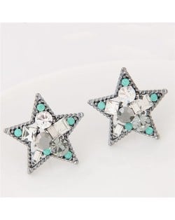 Assorted Shapes Czech Rhinestone Inlaid Shining Lucky Star Fashion Stud Earrings - Silver