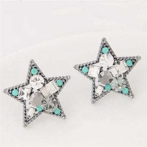 Assorted Shapes Czech Rhinestone Inlaid Shining Lucky Star Fashion Stud Earrings - Silver