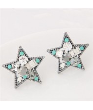 Assorted Shapes Czech Rhinestone Inlaid Shining Lucky Star Fashion Stud Earrings - Silver