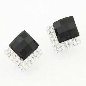 Rhinestone Embellished Square Gem Sweet Fashion Stud Earrings - Black