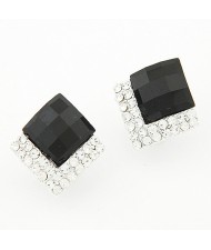 Rhinestone Embellished Square Gem Sweet Fashion Stud Earrings - Black