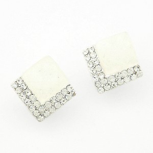 Rhinestone Embellished Square Gem Sweet Fashion Stud Earrings - White