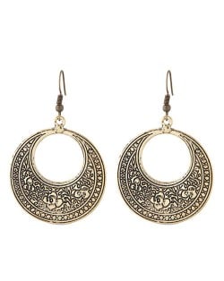 Vintage Floral Engraving Design Dangling Hoop Earrings - Golden