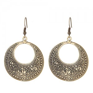 Vintage Floral Engraving Design Dangling Hoop Earrings - Golden