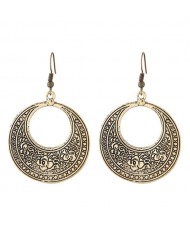 Vintage Floral Engraving Design Dangling Hoop Earrings - Golden