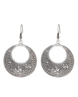 Vintage Floral Engraving Design Dangling Hoop Earrings - Silver