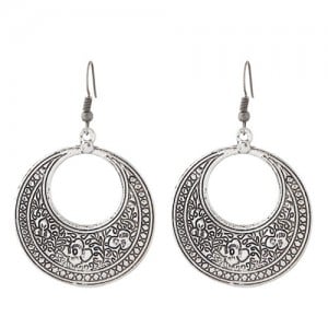 Vintage Floral Engraving Design Dangling Hoop Earrings - Silver