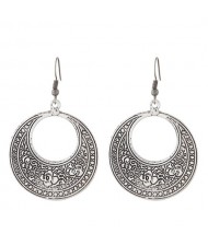 Vintage Floral Engraving Design Dangling Hoop Earrings - Silver