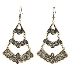Vintage Vine Engravings Hollow Triple Layers Waterdrop Design Fashion Stud Earrings - Golden