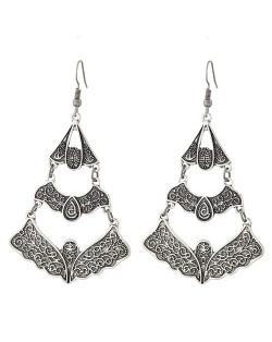 Vintage Vine Engravings Hollow Triple Layers Waterdrop Design Fashion Stud Earrings - Silver