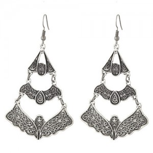 Vintage Vine Engravings Hollow Triple Layers Waterdrop Design Fashion Stud Earrings - Silver