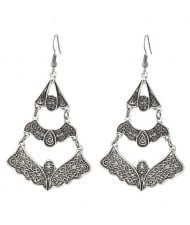 Vintage Vine Engravings Hollow Triple Layers Waterdrop Design Fashion Stud Earrings - Silver