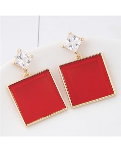 Square Fashion Shining Gem Stud Earrings - Red