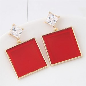 Square Fashion Shining Gem Stud Earrings - Red