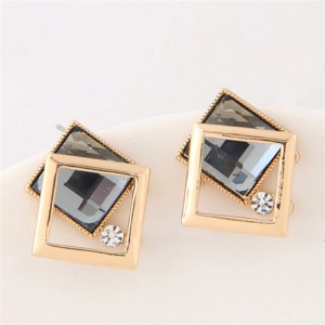Dual Squares Combo Design Glass Sweet Fashion Stud Earrings - Gray