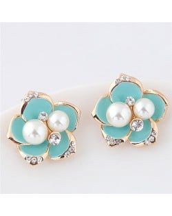 Czech Rhinestone and Pearl Embellished Golden Rimmed Korean Fashion Flower Stud Earrings - Teal