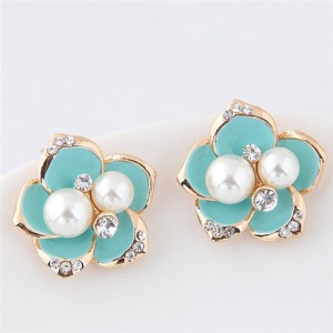 Czech Rhinestone and Pearl Embellished Golden Rimmed Korean Fashion Flower Stud Earrings - Teal