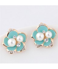 Czech Rhinestone and Pearl Embellished Golden Rimmed Korean Fashion Flower Stud Earrings - Teal