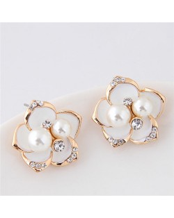Czech Rhinestone and Pearl Embellished Golden Rimmed Korean Fashion Flower Stud Earrings - White