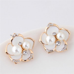 Czech Rhinestone and Pearl Embellished Golden Rimmed Korean Fashion Flower Stud Earrings - White