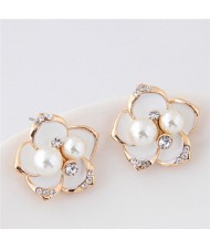 Czech Rhinestone and Pearl Embellished Golden Rimmed Korean Fashion Flower Stud Earrings - White