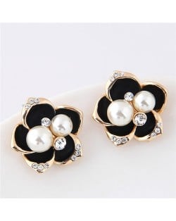 Czech Rhinestone and Pearl Embellished Golden Rimmed Korean Fashion Flower Stud Earrings - Black