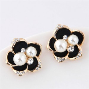 Czech Rhinestone and Pearl Embellished Golden Rimmed Korean Fashion Flower Stud Earrings - Black