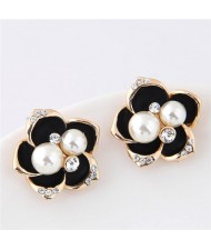 Czech Rhinestone and Pearl Embellished Golden Rimmed Korean Fashion Flower Stud Earrings - Black