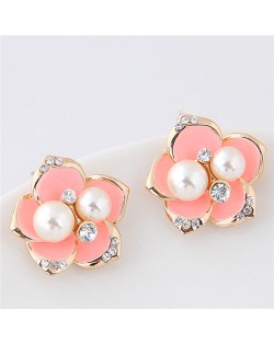 Czech Rhinestone and Pearl Embellished Golden Rimmed Korean Fashion Flower Stud Earrings - Pink