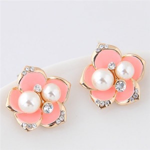 Czech Rhinestone and Pearl Embellished Golden Rimmed Korean Fashion Flower Stud Earrings - Pink