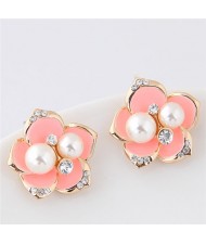 Czech Rhinestone and Pearl Embellished Golden Rimmed Korean Fashion Flower Stud Earrings - Pink