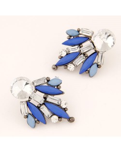 Shining Floral Pattern Rhinestone and Resin Gem Fashion Stud Earrings - Blue