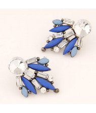 Shining Floral Pattern Rhinestone and Resin Gem Fashion Stud Earrings - Blue