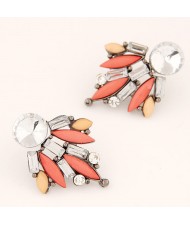 Shining Floral Pattern Rhinestone and Resin Gem Fashion Stud Earrings - Pink