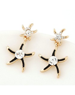 Rhinestone Inlaid Oil Spot Glazed Starfish Fashion Stud Earrings - Black