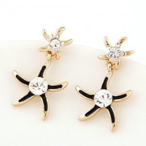 Rhinestone Inlaid Oil Spot Glazed Starfish Fashion Stud Earrings - Black