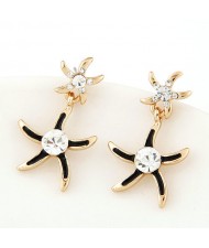 Rhinestone Inlaid Oil Spot Glazed Starfish Fashion Stud Earrings - Black