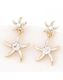 Rhinestone Inlaid Oil Spot Glazed Starfish Fashion Stud Earrings - White