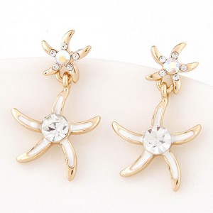 Rhinestone Inlaid Oil Spot Glazed Starfish Fashion Stud Earrings - White
