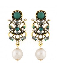 Gem and Pearl Embellished Vintage Style Green Fashion Stud Earrings