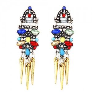 High Fashion Assorted Colors Resin Gems Embellished Golden Rivets Stud Earrings